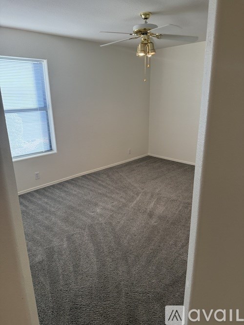 A room with a ceiling fan and carpeted floor.