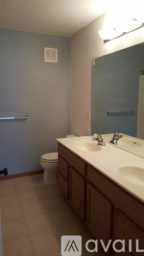 A bathroom with a toilet, sink, and mirror.