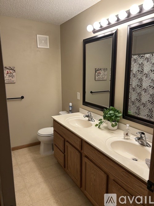 A bathroom with a toilet, sink, mirror, and lighting fixture.