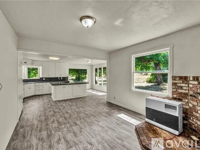 A living room with a white ceiling and a window showing a tree.