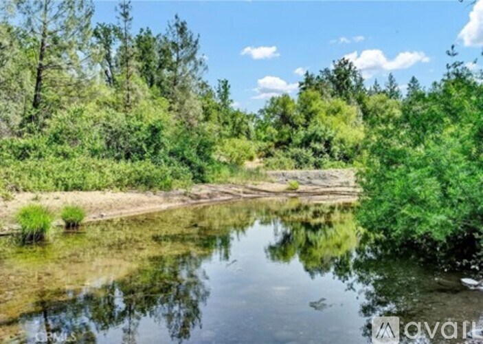A serene landscape with a body of water surrounded by lush greenery under a clear blue sky.