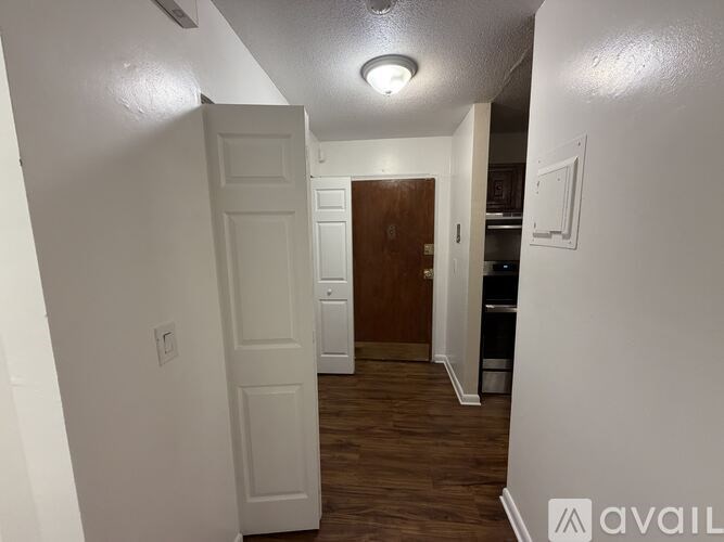 A hallway with a white door on the left and a brown door on the right.