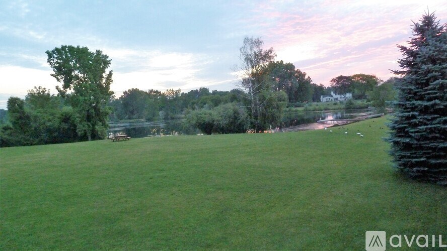 A grassy field with trees and a body of water in the distance.