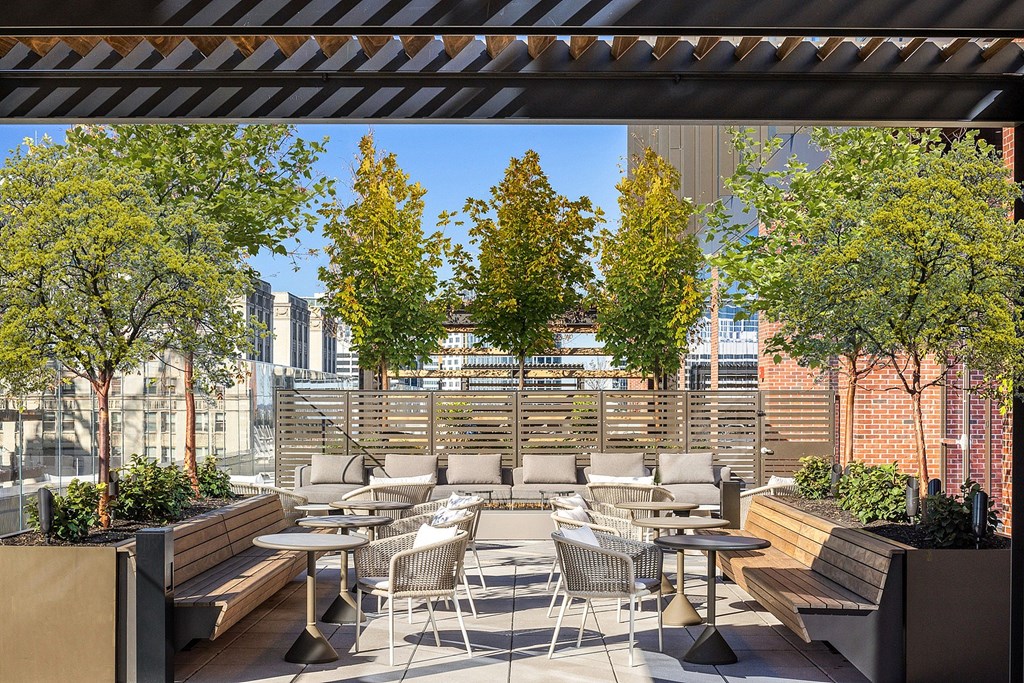 A patio with chairs and tables is surrounded by trees.
