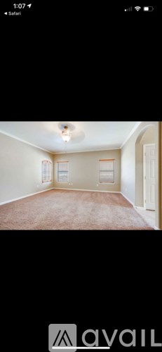 A room with a carpeted floor and a ceiling fan.