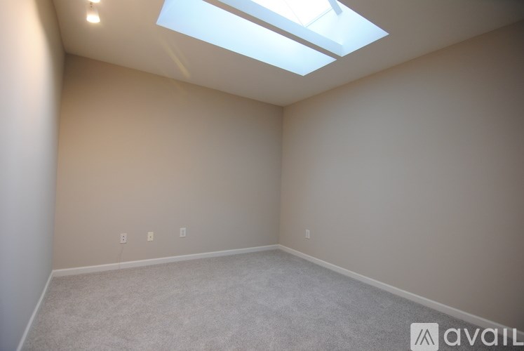 A room with a skylight and carpeted floor.