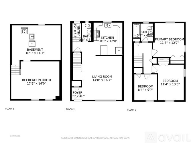 A floor plan for a home with three bedrooms and a recreation room.