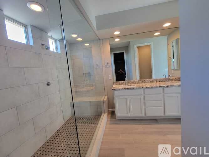 A bathroom with a walk-in shower and a vanity with a mirror.