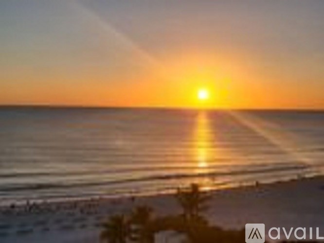 The sun is setting over the ocean with a palm tree in the foreground.