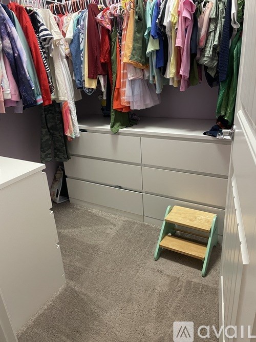 A white closet with clothes hanging and a step stool.