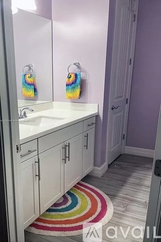 A bathroom with a white sink and a colorful rug.