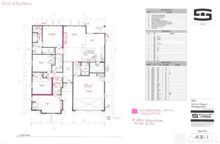 A floor plan for a building with a section of the plan and details on the right side.