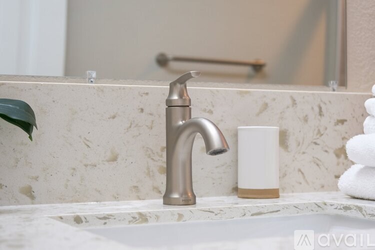 A bathroom sink with a chrome faucet and a white soap dispenser.