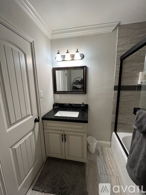 A bathroom with a sink, mirror, and a rug on the floor.