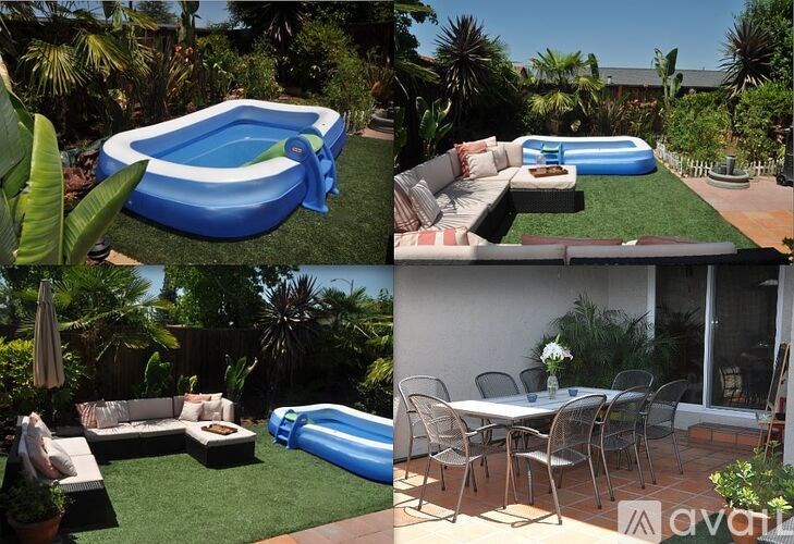 A collage of four images showing various outdoor furniture and a pool.
