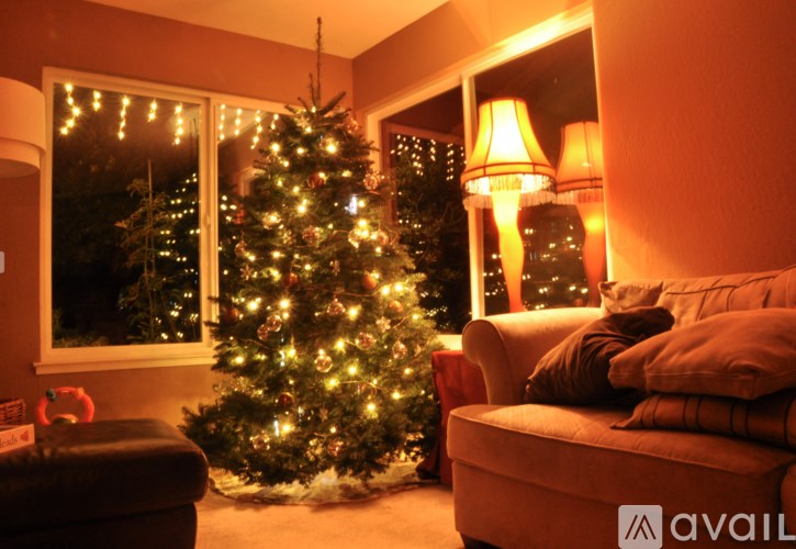 A Christmas tree is lit up in a living room.
