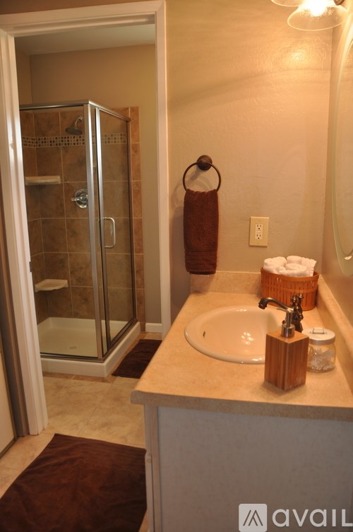 A bathroom with a white sink and a glass shower stall.