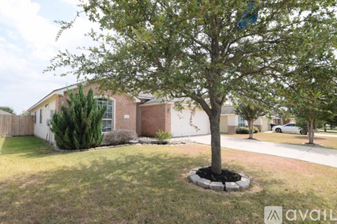 A tree in a grassy area in front of a house.
