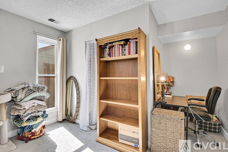 A room with a bookshelf, a chair, and a cat tree.