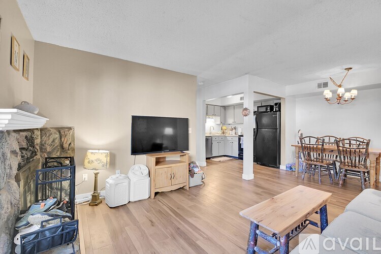 A living room with a fireplace and a television.