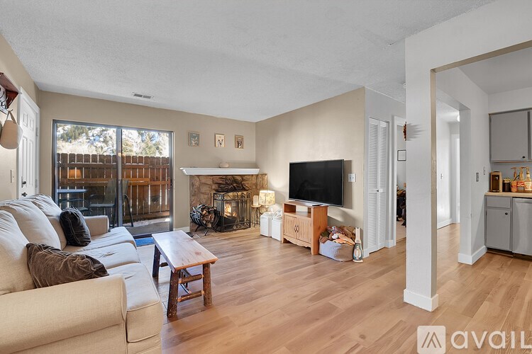 A living room with a fireplace and a television.