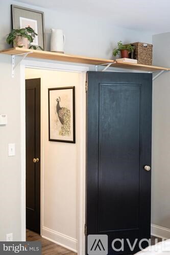 A black door is in a white room with a picture of a peacock on the wall.