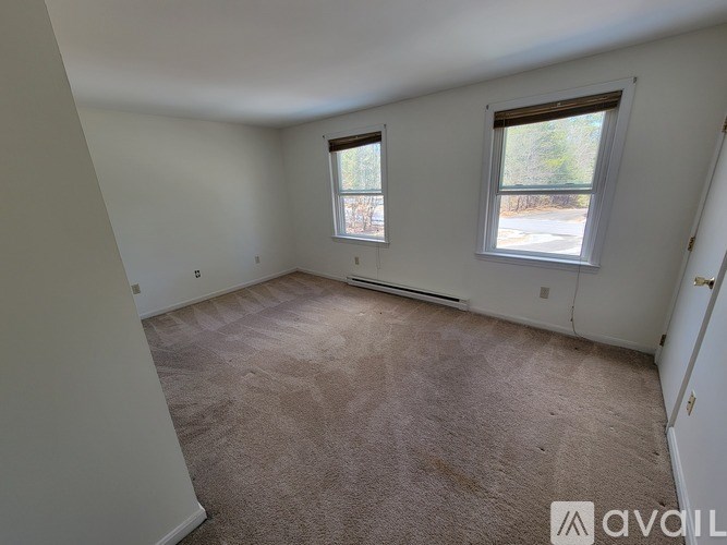 A room with two windows and carpeted floor.
