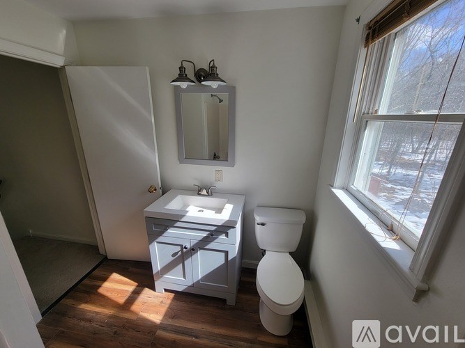A bathroom with a toilet, sink, and mirror.