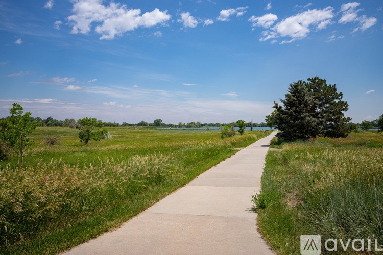 A concrete walkway leads through a grassy field.