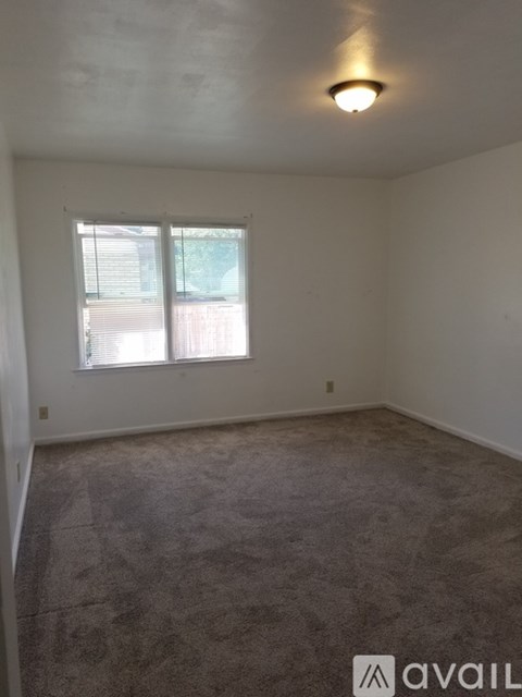A room with a carpeted floor and a window with blinds.