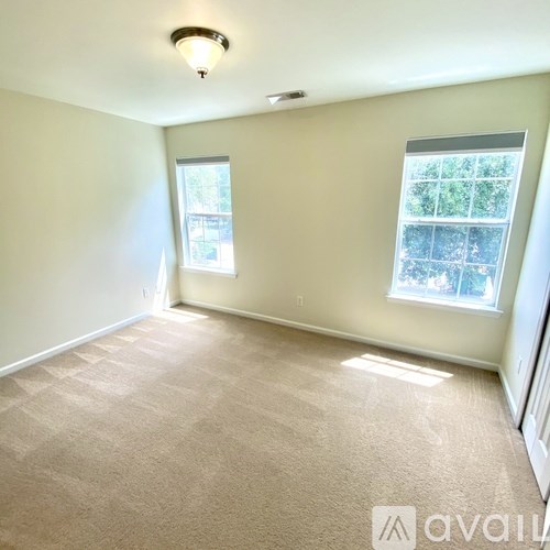 A room with beige carpet and two windows.