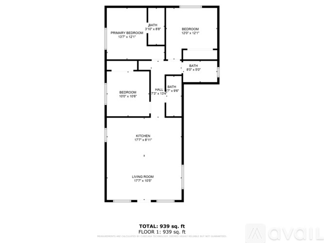A floor plan of a house with a total area of 939 square feet.