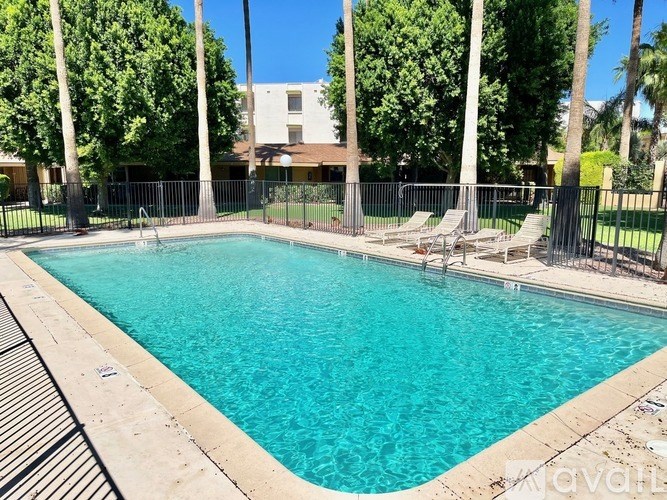 A swimming pool surrounded by trees and chairs.