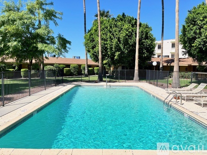 A large swimming pool surrounded by a fence and trees.
