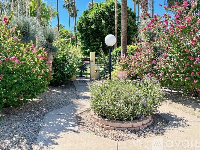 A garden with a signpost and flowering plants.