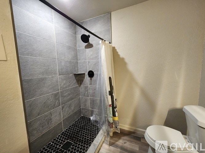 A bathroom with a shower curtain and a toilet.
