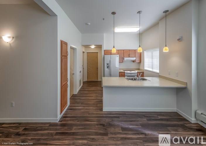 A kitchen area with a counter and cabinets is available for rent.