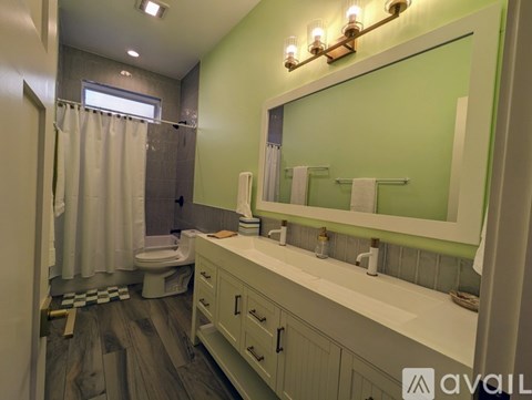 A bathroom with green walls and a white counter.