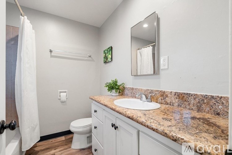 A bathroom with a marble countertop and a white toilet.
