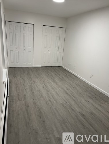 A room with two doors and wooden flooring.