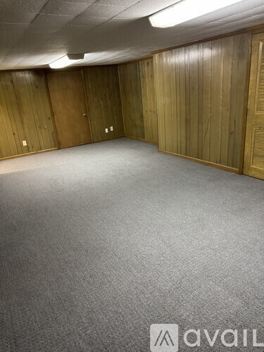 A room with wooden walls and carpeted floor.
