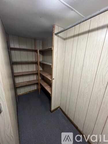 A small storage room with wooden shelves and a grey carpet.