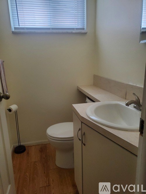 A bathroom with a toilet, sink, and a roll of toilet paper.