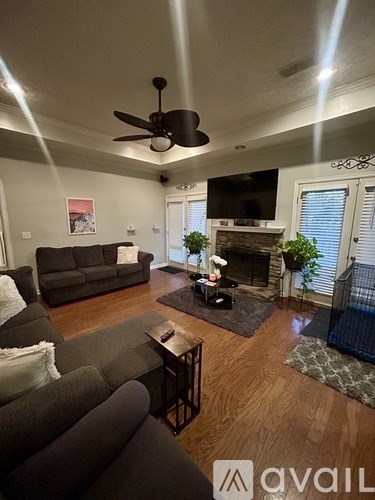 A living room with a fireplace and a television.