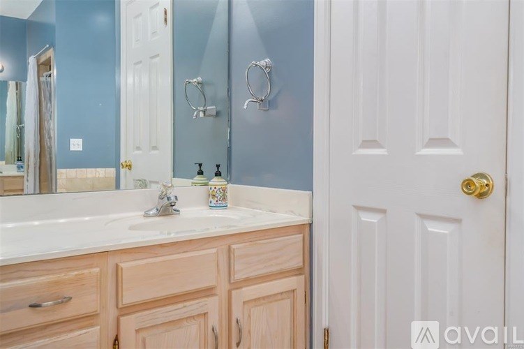 A bathroom with blue walls and a white door.