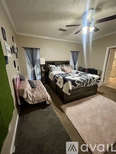 A bedroom with a bed, a couch, and a ceiling fan.