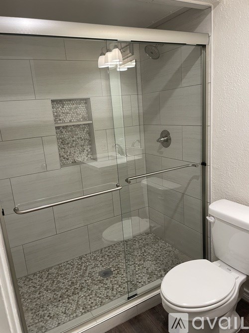 A bathroom with a toilet and a walk-in shower.