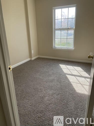 A room with a carpeted floor and a window.