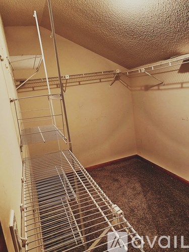 A metal shelving unit in a room with a carpeted floor.