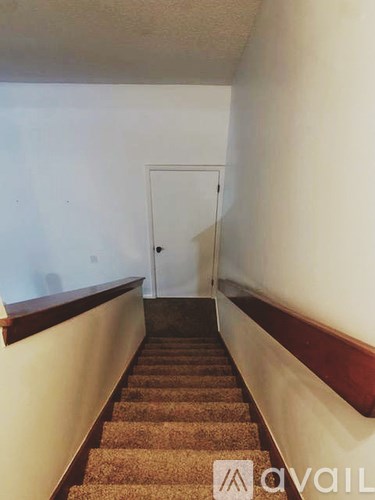 A hallway with a carpeted staircase and a white door.